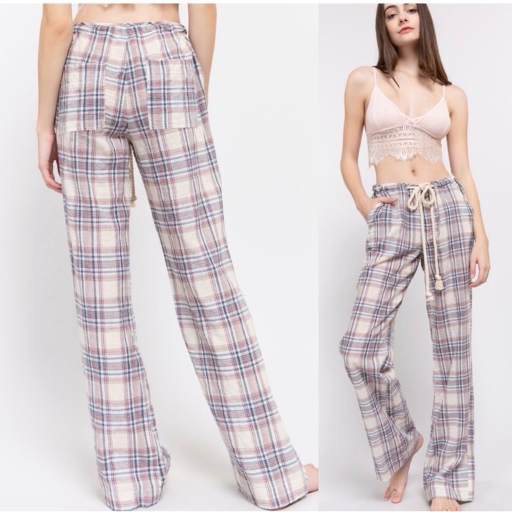POL Plaid Wide-Leg Drawstring Pajama Pants in Cream, Pink & Blue